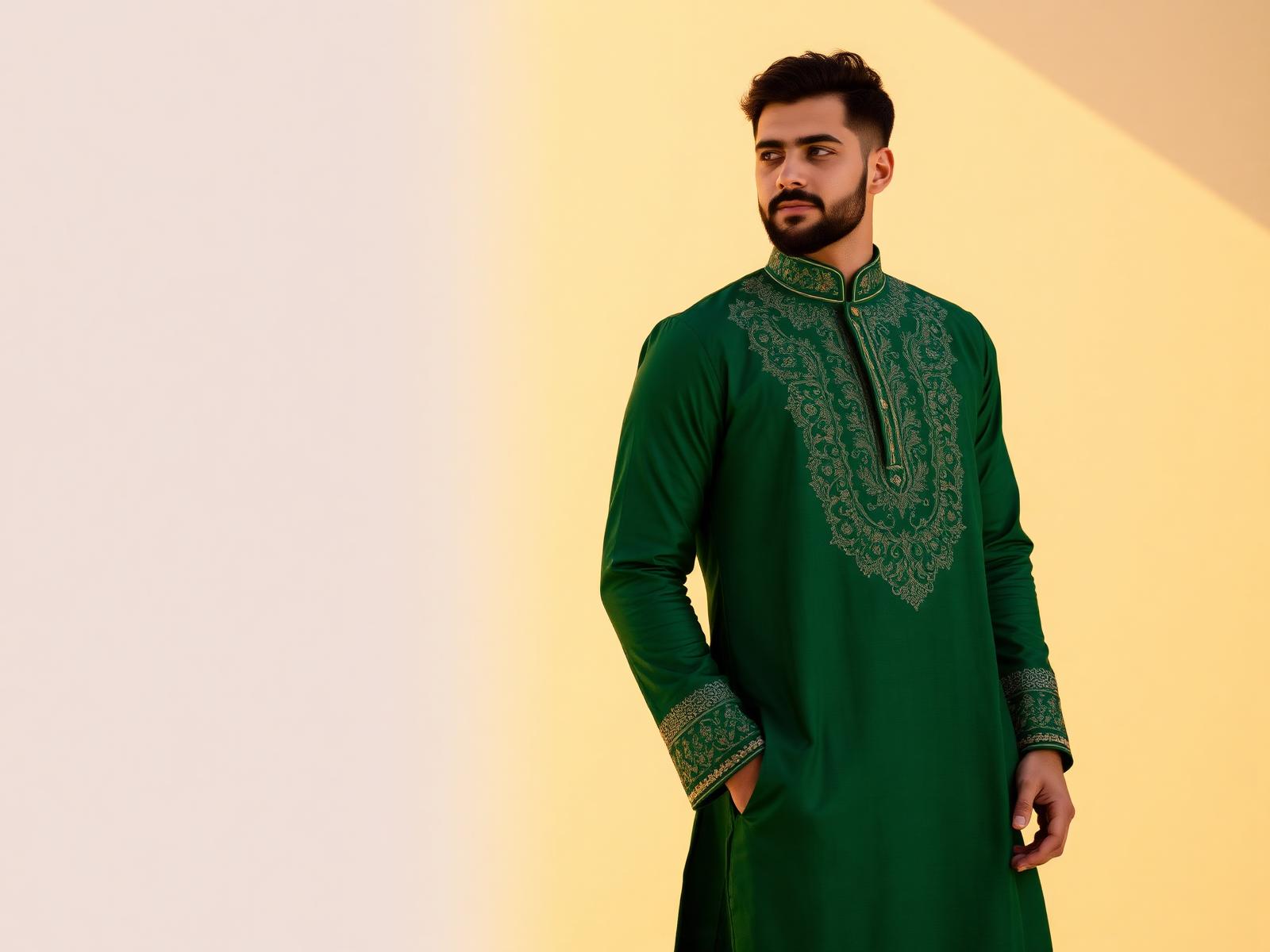 Elegant man in emerald embroidered panjabi
